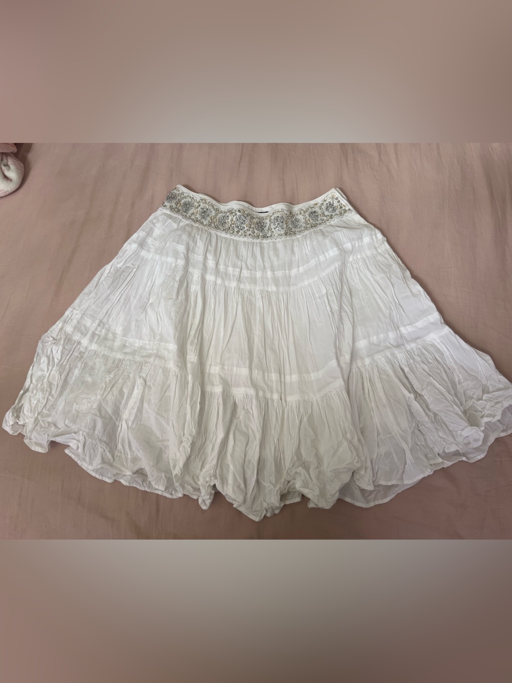 BCBGMaxAzria White Beaded Tiered Skirt with Embroidered Waistband